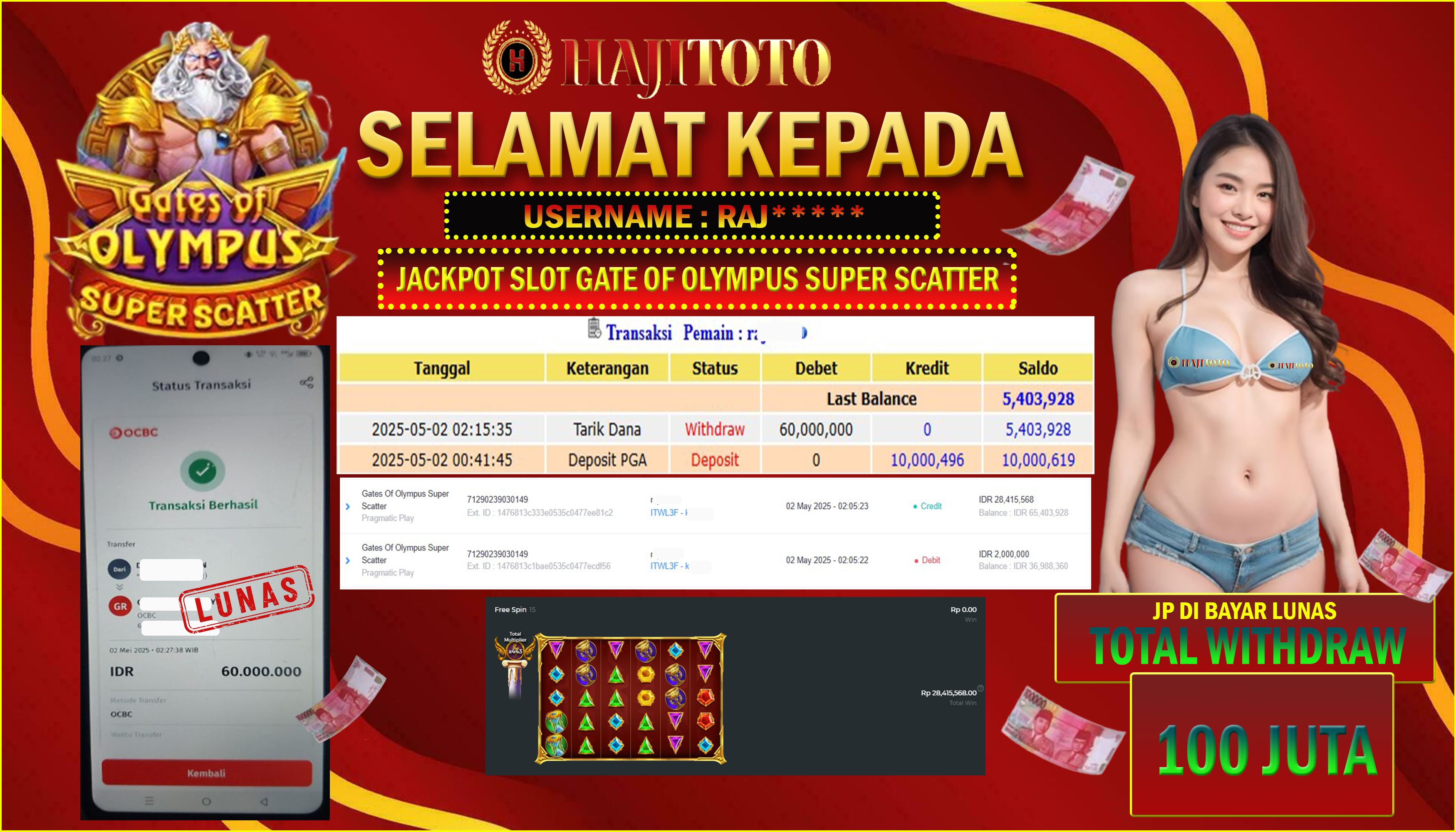 SELAMAT KEPADA PEMENANG MEMBER MERAIH JACKPOT DI GAME SLOT GATE OF OLYMPUS SUPER SCATTER  TOTAL RP 60.000.000 DI BAYAR LUNAS